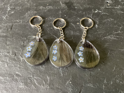 Forget me not Teardrop Resin Pendant Keyring with Horse Hair Pet Fur/Ashes