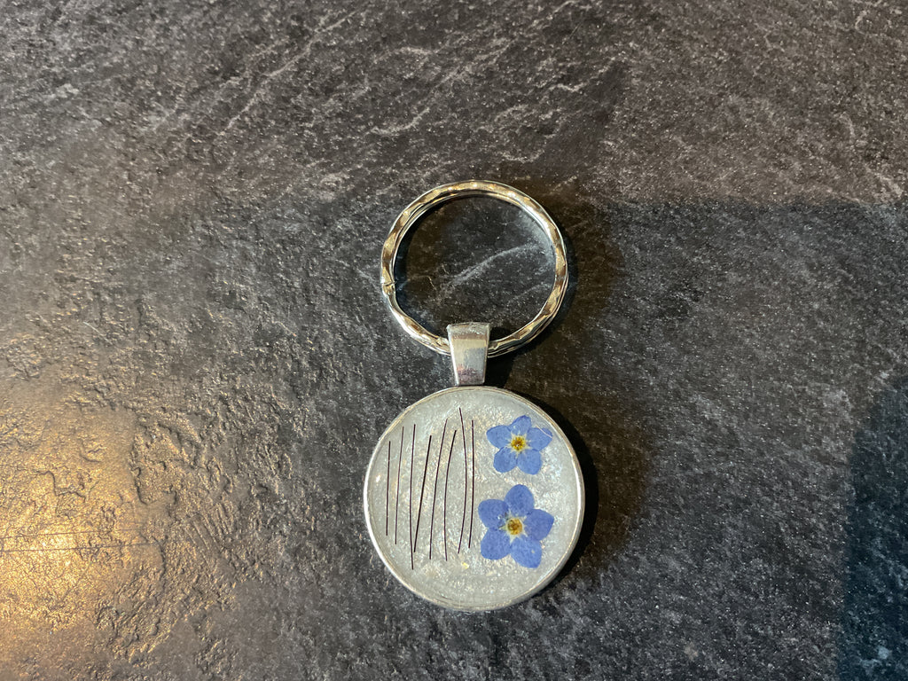 Forget me not Flowers in Silver Round Keyring with Horse Hair Fur or Ashes