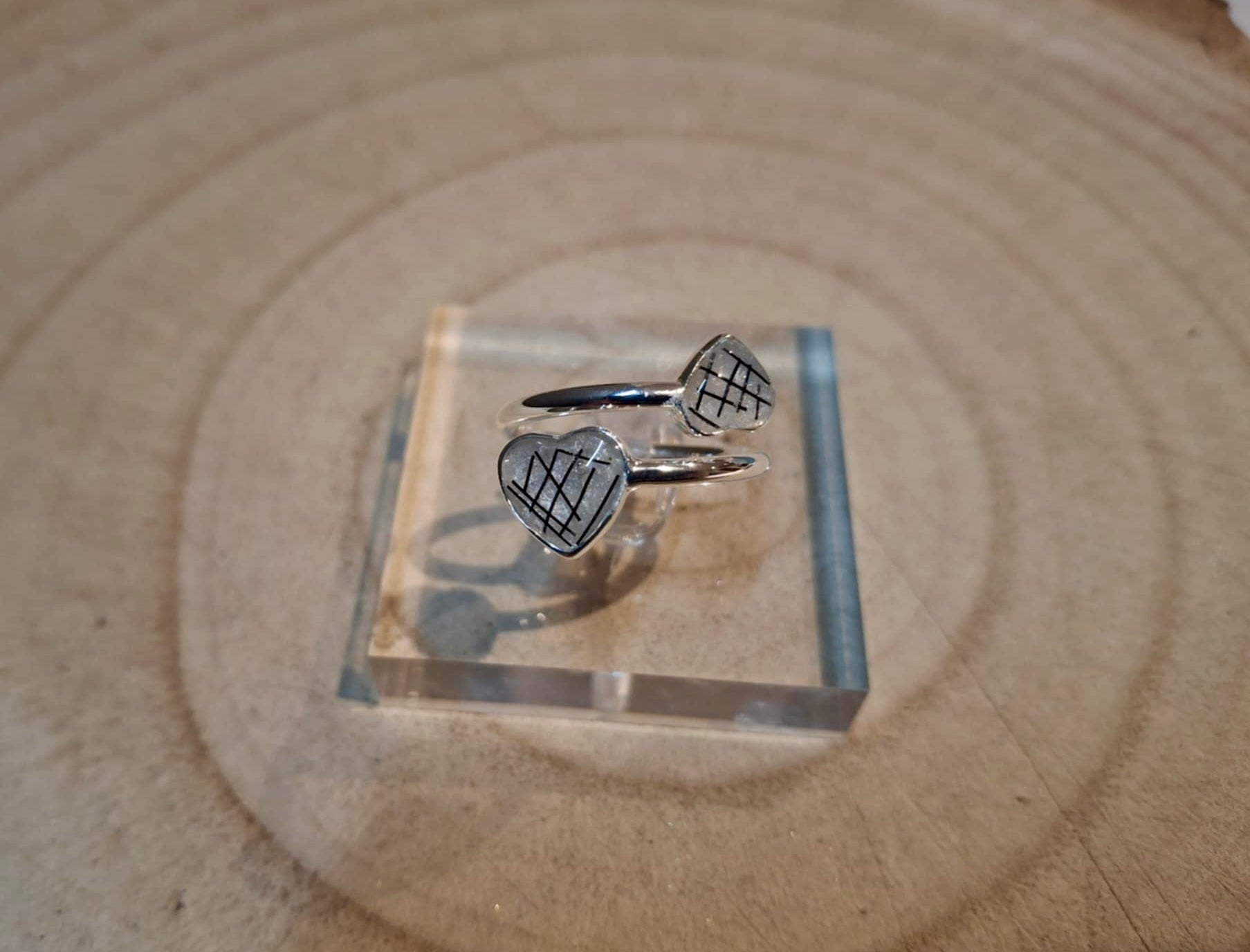 Sterling Silver Double Heart Adjustable Ring with Horse Hair/ Fur or Ashes
